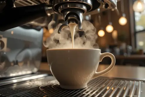 En ångande kopp kaffe fylls från en espressomaskin. Tänk på hur mycket koffein per dag som är lagom för dig.
