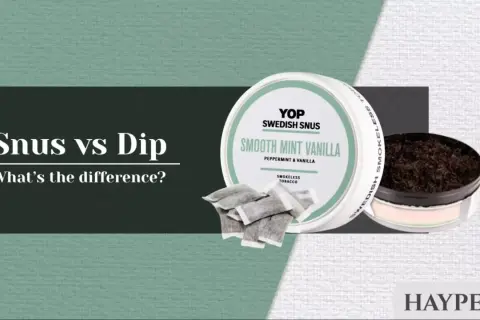 En dosa YOP Swedish Snus, "Smooth Mint Vanilla", med påsar och en öppen dosa med lössnus. Jämförelse mellan snus och dip.