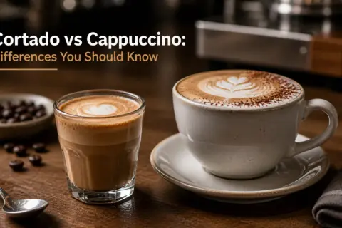 Två kaffedrycker, en cortado i ett glas och en cappuccino i en mugg, med texten "Cortado vs Cappuccino".