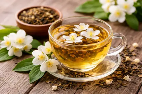 En kopp gyllene te med jasminblommor flytande på ytan. Bredvid står en skål med teblad, redo att brygga te.