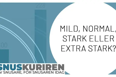 Grafik visar en fråga om hur mycket nikotin i en snus: mild, normal, stark eller extra stark? Texten "Snuskuriren" syns också.