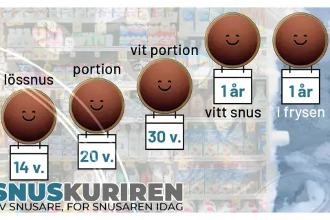 Snusets hållbarhet: lössnus 14 v., portion 20 v., vit portion 30 v., vitt snus 1 år, och vitt snus i frysen 1 år.