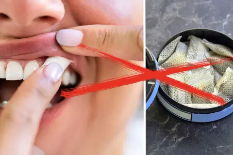 Nej, man får inte snusa i lumpen. Bilden visar en person som placerar snus under läppen, med en snusdosa och ett rött kryss som symboliserar förbud.
