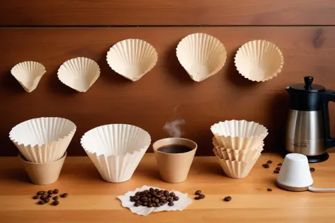En rad olika kaffefilter i olika storlekar, redo för ett kaffefilter test. En kopp ångande kaffe och bönor fullbordar scenen.