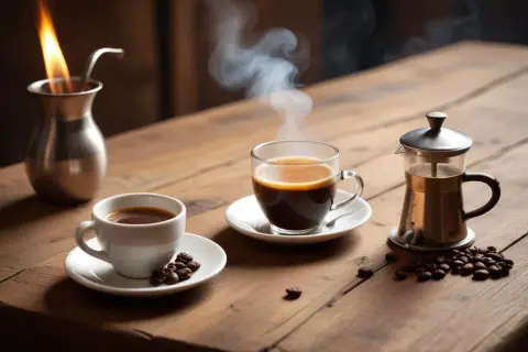 Två koppar ångande kaffe och en liten presskanna på ett träbord. En flamma lyser i en metallbehållare. En perfekt kaffe cocktail för en mysig stund.