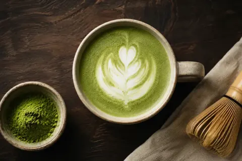 En kopp vackert dekorerad matcha latte med ett hjärtmönster, bredvid en skål med matchapulver och en bambuvisp.