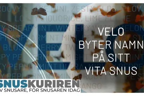 Velo byter namn till Vita Snus. Bilden visar texten "Velo byter namn på sitt vita snus" och en lista med smaker.