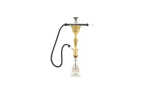 En vacker vattenpipa av märket Khalil Mamoon, med gyllene detaljer och en klar glasbehållare.