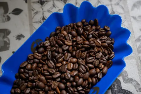 Rostade kaffebönor i en blå skål, redo för en perfekt kopp kaffe.
