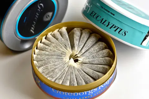 Snusdosor med General Mint, Eucalyptus och Göteborgs Rapé Lingon. Vissa menar att snus kan påverka testosteron.
