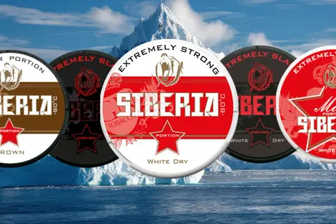 Siberia snus, med sina extremt starka varianter, kan vara farligt. Bilden visar flera dosor med isberg i bakgrunden.