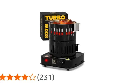 Svart elektrisk koltändare med "TURBO" och "800W" på lådan. Glödande kol ligger i den uppvärmda behållaren.