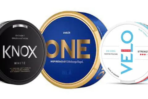 Three snus cans: Knox White, One, and Velo Ice Cool Strong.