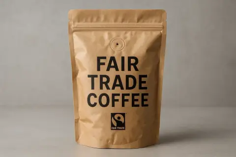 En påse Fairtrade-kaffe. Att välja Fairtrade betyder att odlarna får schyssta villkor.