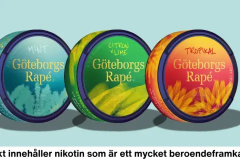 Three cans of Göteborgs Rapé snus: Mint (blue), Citron x Lime (green), and Tropikal (red/orange).