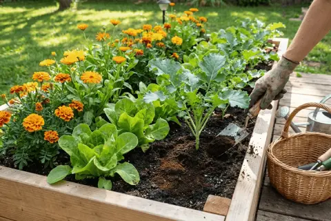 En hand med handske planterar i en upphöjd bädd med sallat och ringblommor. Kaffesump används som gödsel.
