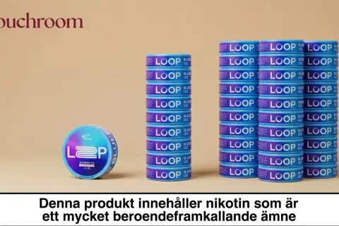 Loop snus stock pris. Blå dosa med texten "LOOP BLUEBERRY ICE" och flera staplade dosor med texten "LOOP BLUE ICE".