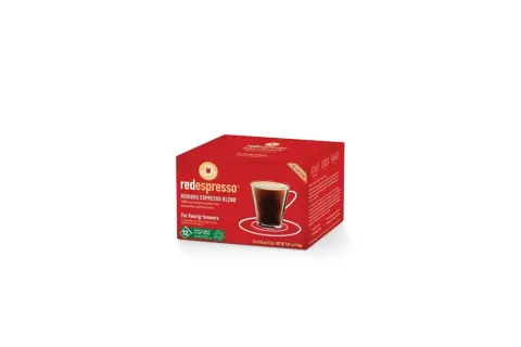 Röda förpackningen med Redespresso Rooibos Espresso Blend. Detta rooibos te är koffeinfritt och passar för Keurig-bryggare.