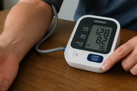 En person mäter blodtrycket med en Omron-mätare. Kanske en snus om dagen är en del av en hälsosam livsstil.