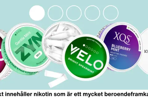 Flera burkar med nikotinpåsar som Velo, Zyn, XQS och Kelly White. Jämförelse mellan nikotinpåsar vs snus.