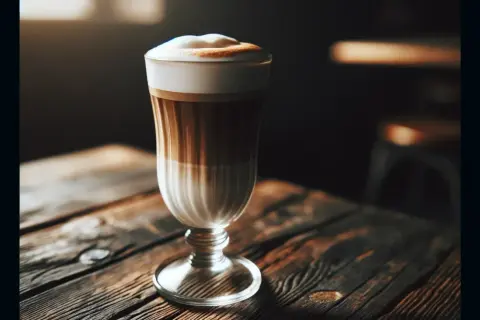 En vacker wiener melange kaffe med lager av mjölk och espresso, toppad med krämigt skum, står på ett rustikt träbord.