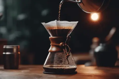 Vatten hälls över kaffepulver i en Chemex. En vacker pour over-process som skapar en rik och aromatisk kopp kaffe.