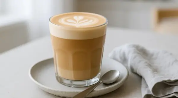 En vacker kaffe latte med latte art på en ljusgrå tallrik, bredvid en sked och en linneservett. Perfekt för ett kaffe latte recept.