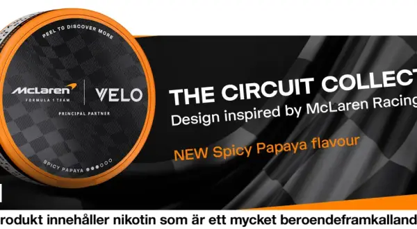 VELO McLaren Circuit Collection med smak av Spicy Papaya. En ny bat snus inspirerad av McLaren Racing.