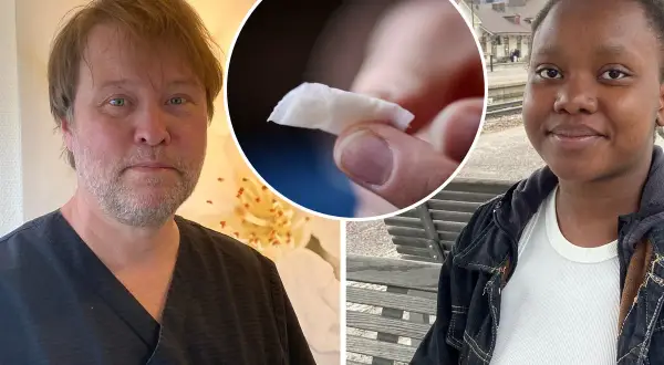 En man i vårdkläder och en kvinna på en perrong. I mitten en närbild på en snusprilla, som visar hur snus påverkar huden.