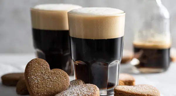 Två glas med mörkt kaffe och krämigt skum, omgivna av hjärtformade pepparkakor. En flaska med Baileys i bakgrunden antyder en härlig drink.