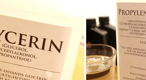 Etiketter visar glycerol och propylenglykol, en ingrediens som används i snus för dess bakteriedödande och konserverande egenskaper.