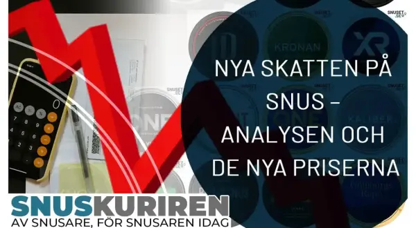 Snus nyheter: Analys av nya skatten och priser på snus. En kalkylator och en röd nedåtgående pil antyder ekonomiska förändringar.