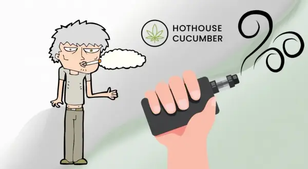 En person röker cigarett, en annan håller en vape. Bilden visar hur fungerar vape, med texten "Hothouse Cucumber".