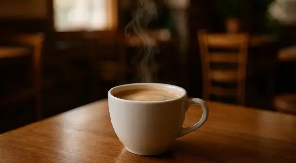 En ångande kopp kaffe på ett träbord. Frågan är hur mycket koffein i koffeinfritt kaffe?