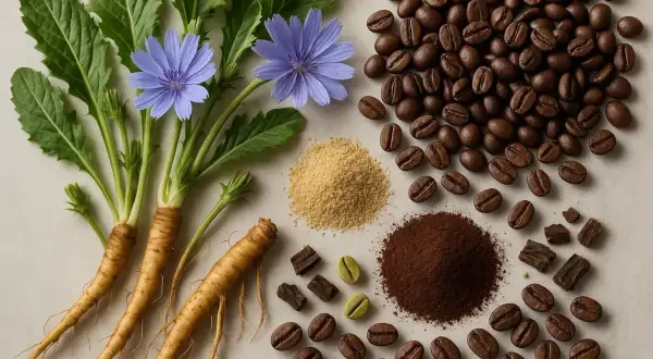 Cikoriarötter, blommor, kaffebönor och pulver. Vissa upplever biverkningar av cikoriakaffe.