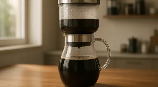 En elegant glaskaraff med en överdel där kaffe droppar ner. Ett sätt att brygga kaffe utan kaffebryggare.