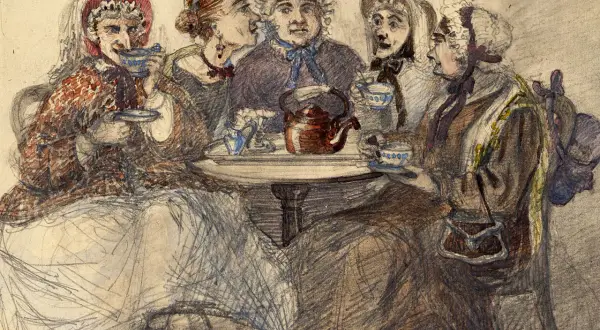 Kvinnor samlas kring ett bord för te, en scen som påminner om tidig kaffebryggare historia. En tekanna står i centrum.