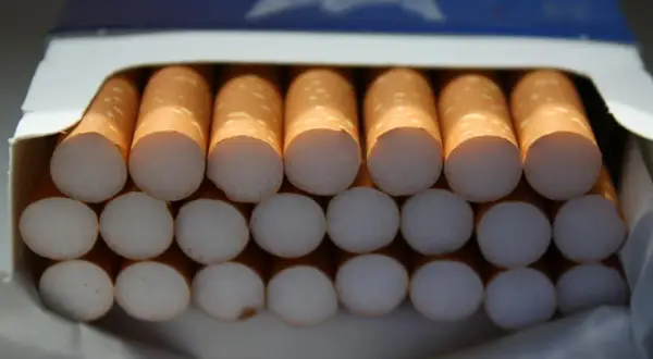 En cigarettpaket med 20 cigaretter, ordnade i två rader.
