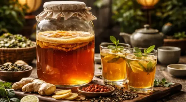 Stor burk med kombucha, två glas med dryck, ingefära, lime och teblad. Perfekt för ditt kombucha recept.