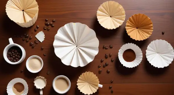 En samling blekta eller oblekta kaffefilter, kaffebönor och kaffepulver på en träyta.