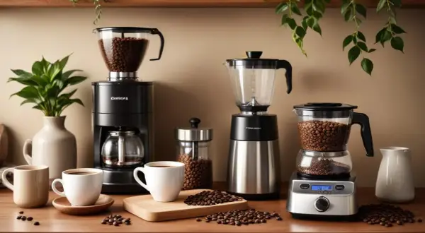 Flera kaffebryggare och bönor på en bänk. En kopp kaffe väntar, redo att avnjutas. Perfekt för att frysa kaffe och spara till senare.