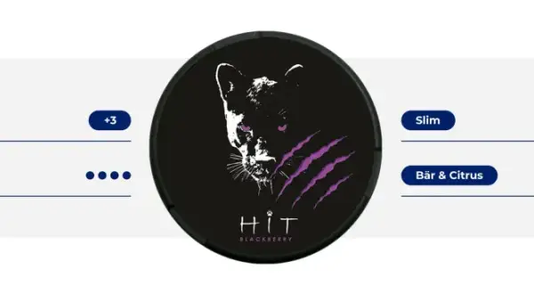 Detaljer om olika snus: HIT Blackberry, 15 mg/portion, slim format, bär & citrus smak.