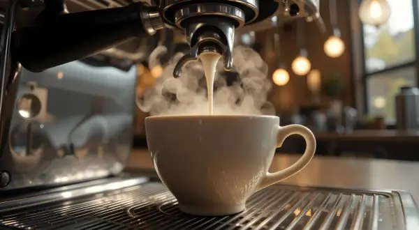 En ångande kopp kaffe fylls från en espressomaskin. Tänk på hur mycket koffein per dag som är lagom för dig.