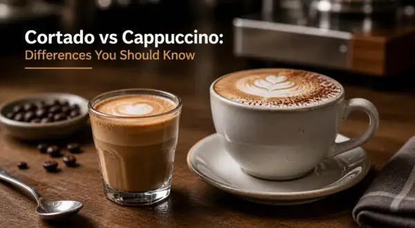 Två kaffedrycker, en cortado i ett glas och en cappuccino i en mugg, med texten "Cortado vs Cappuccino".