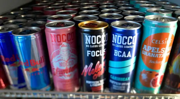 En rad NOCCO-burkar, inklusive "Skumtomte" och "Focus Melon Crush", samt Red Bull och Celsius. Frågan "hur mycket koffein i NOCCO" kan besvaras genom att läsa på burkarna.
