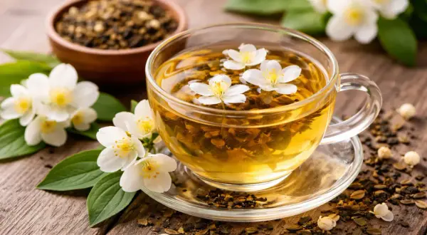 En kopp gyllene te med jasminblommor flytande på ytan. Bredvid står en skål med teblad, redo att brygga te.