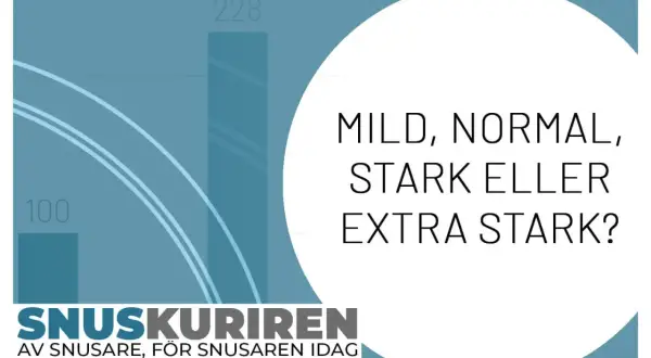 Grafik visar en fråga om hur mycket nikotin i en snus: mild, normal, stark eller extra stark? Texten "Snuskuriren" syns också.