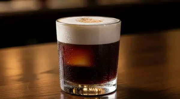 En Irish coffee utan farinsocker, med krämigt skum och en hint av kanel. Perfekt för en mysig stund.
