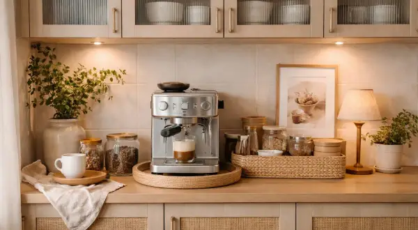 En mysig kaffebar hemma med espressomaskin som brygger en cappuccino. Kaffebönor i glasburkar och en vit kopp på en träbricka.