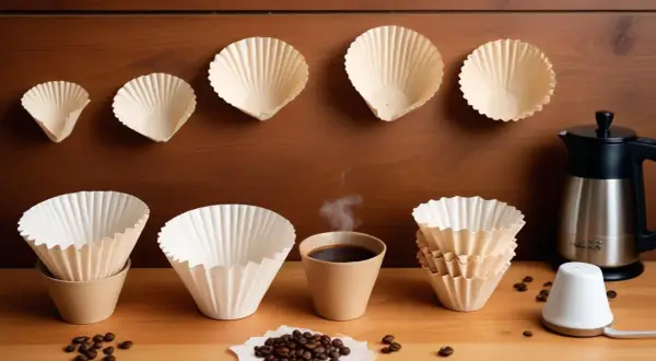 En rad olika kaffefilter i olika storlekar, redo för ett kaffefilter test. En kopp ångande kaffe och bönor fullbordar scenen.